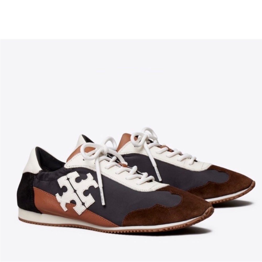 Tory Burch Destiny Trainer Nylon Leather Brown Black & White Sneaker, New - Picture 1 of 5
